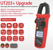 Pinza amperometrica digitale True RMS a selezione automatica della portata, 400 A AC/DC con NCV, display LCD retroilluminato, rilevamento filo sotto tensione e funzione di memorizzazione dati., UNI-T UT203+