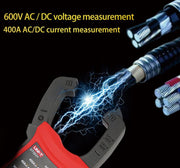 Pinza amperometrica digitale True RMS a selezione automatica della portata, 400 A AC/DC con NCV, display LCD retroilluminato, rilevamento filo sotto tensione e funzione di memorizzazione dati., UNI-T UT203+