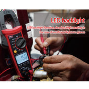 Pinza amperometrica digitale True RMS a selezione automatica della portata, 400 A AC/DC con NCV, display LCD retroilluminato, rilevamento filo sotto tensione e funzione di memorizzazione dati., UNI-T UT203+