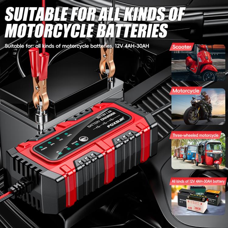 Caricabatterie intelligente FOXSUR 6V/12V 1.5A per batterie al piombo da 4AH a 30AH, per moto, auto e ATV., EU Plug, US Plug, UK Plug