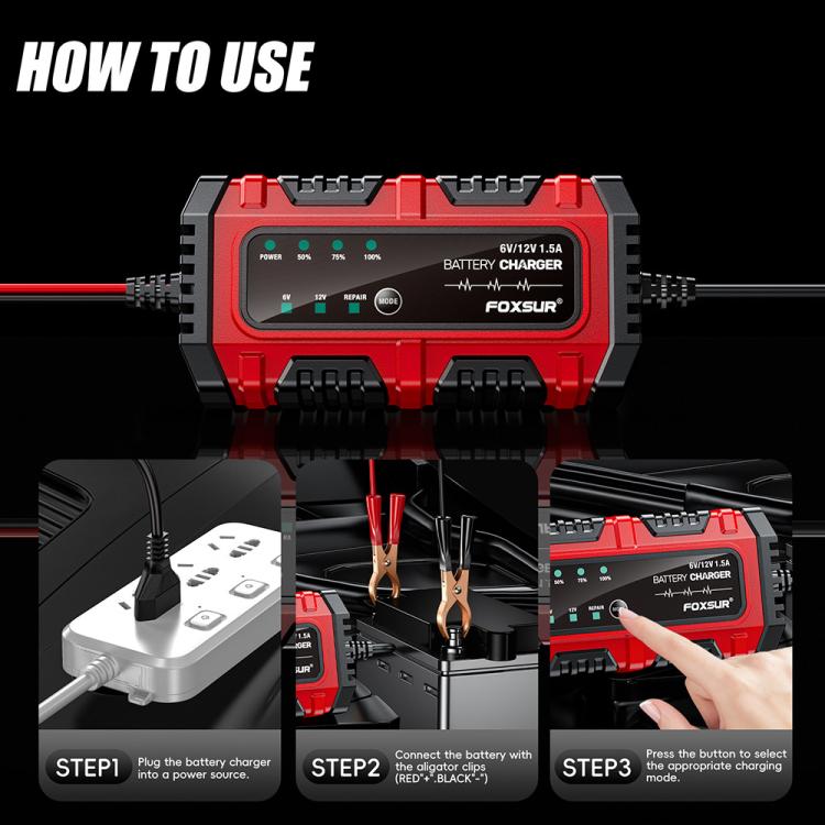 Caricabatterie intelligente FOXSUR 6V/12V 1.5A per batterie al piombo da 4AH a 30AH, per moto, auto e ATV., EU Plug, US Plug, UK Plug