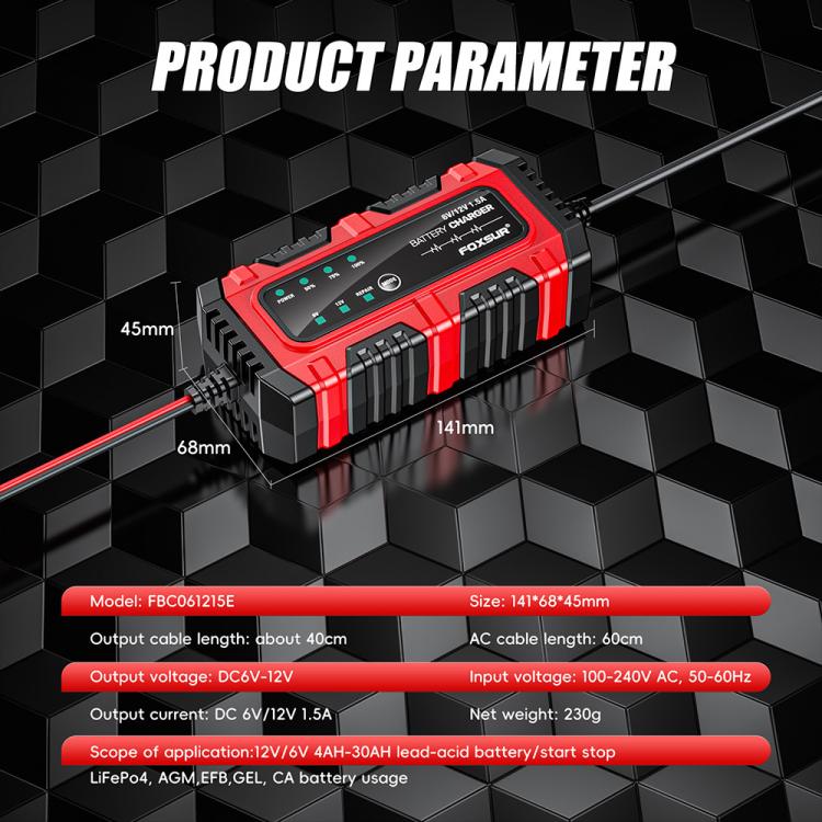 Caricabatterie intelligente FOXSUR 6V/12V 1.5A per batterie al piombo da 4AH a 30AH, per moto, auto e ATV., EU Plug, US Plug, UK Plug