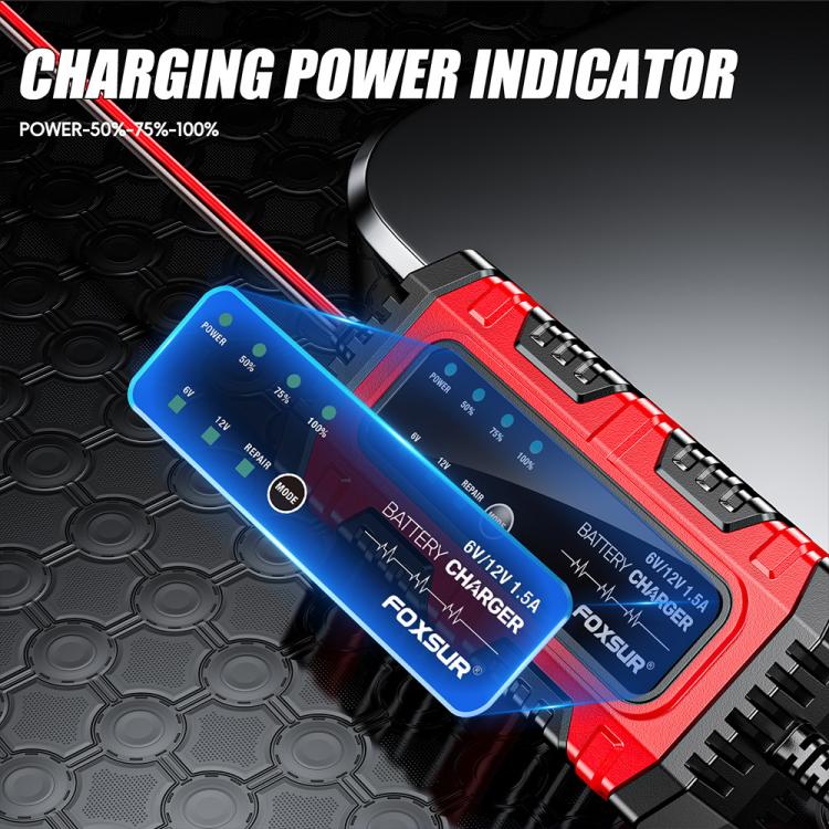 Caricabatterie intelligente FOXSUR 6V/12V 1.5A per batterie al piombo da 4AH a 30AH, per moto, auto e ATV., EU Plug, US Plug, UK Plug