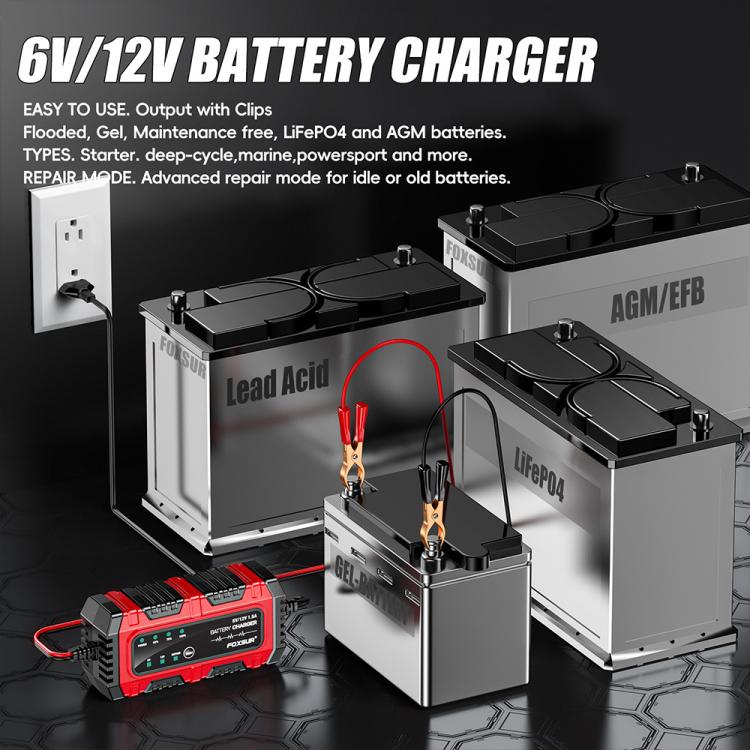 Caricabatterie intelligente FOXSUR 6V/12V 1.5A per batterie al piombo da 4AH a 30AH, per moto, auto e ATV., EU Plug, US Plug, UK Plug