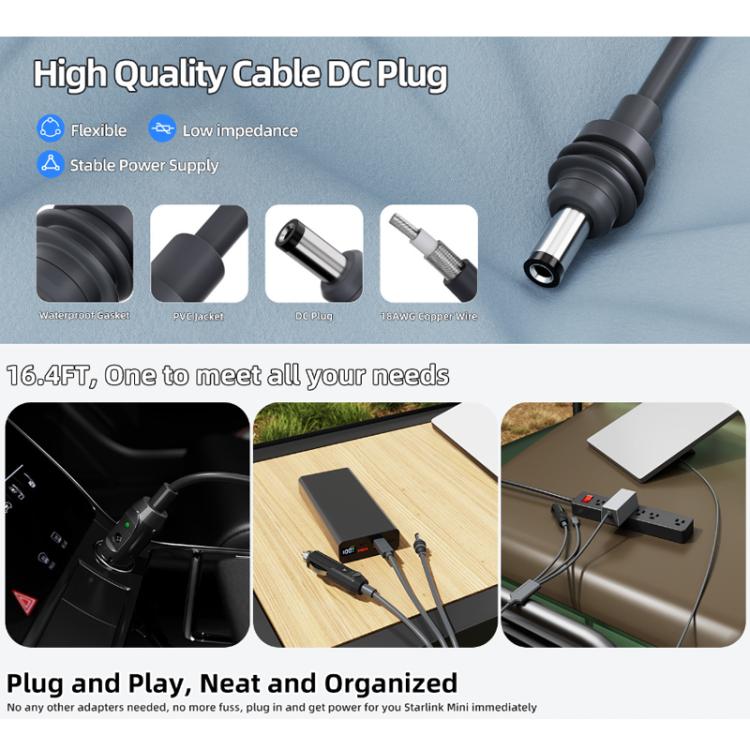 Caricabatterie da auto 3 in 1 da TYPE-C a DC per accendisigari, compatibile con Starlink 4a generazione Mini, 3m, 5m