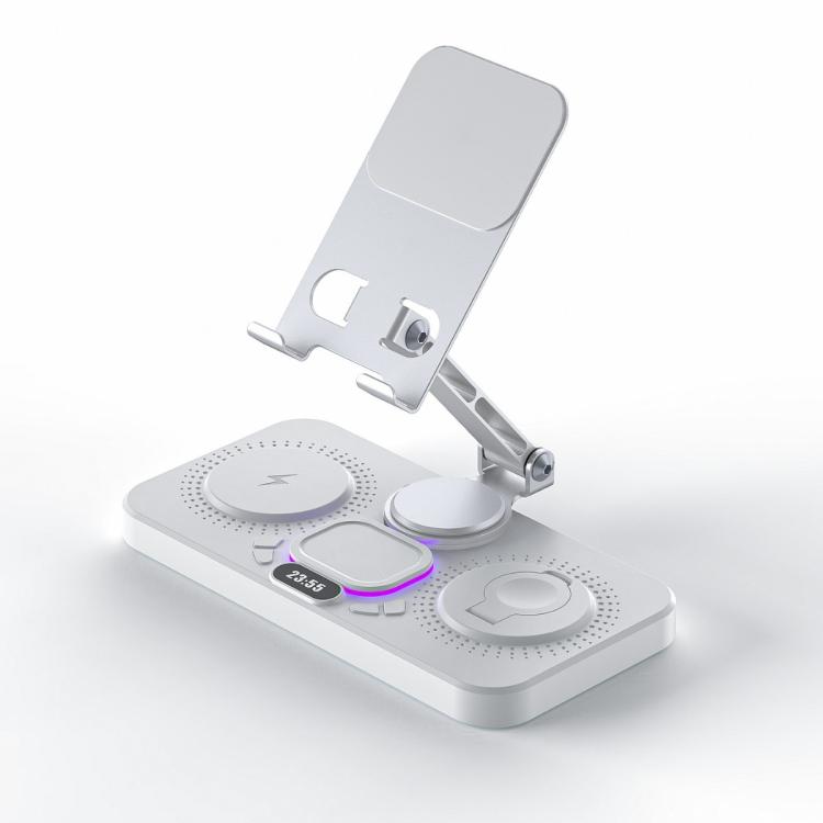 Stazione di ricarica wireless rapida 4 in 1 per telefono/tablet/Apple Watch/AirPods, supporto magnetico pieghevole con display dell'orologio ed effetto luminoso accattivante.