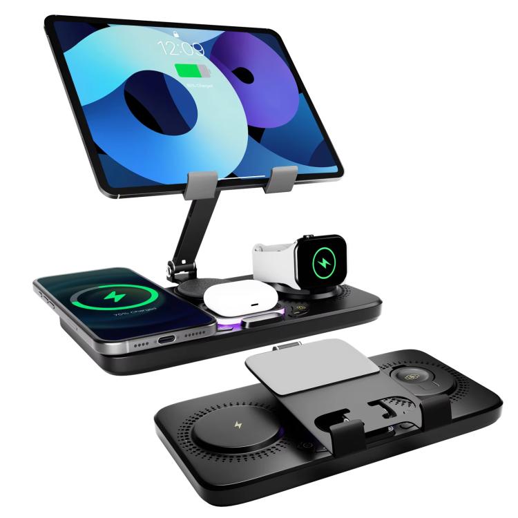 Stazione di ricarica wireless rapida 4 in 1 per telefono/tablet/Apple Watch/AirPods, supporto magnetico pieghevole con display dell'orologio ed effetto luminoso accattivante.