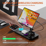 Stazione di ricarica wireless rapida 4 in 1 per telefono/tablet/Apple Watch/AirPods, supporto magnetico pieghevole con display dell'orologio ed effetto luminoso accattivante.