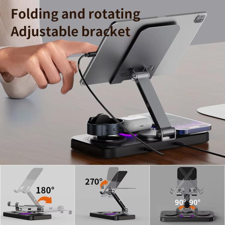 Stazione di ricarica wireless rapida 4 in 1 per telefono/tablet/Apple Watch/AirPods, supporto magnetico pieghevole con display dell'orologio ed effetto luminoso accattivante.