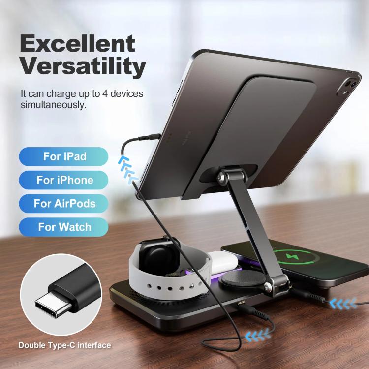 Stazione di ricarica wireless rapida 4 in 1 per telefono/tablet/Apple Watch/AirPods, supporto magnetico pieghevole con display dell'orologio ed effetto luminoso accattivante.
