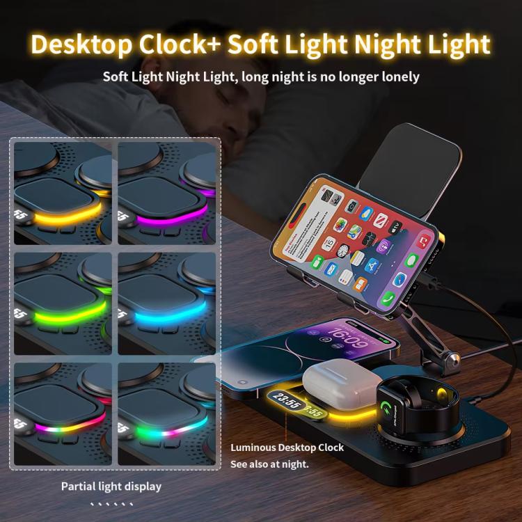 Stazione di ricarica wireless rapida 4 in 1 per telefono/tablet/Apple Watch/AirPods, supporto magnetico pieghevole con display dell'orologio ed effetto luminoso accattivante.