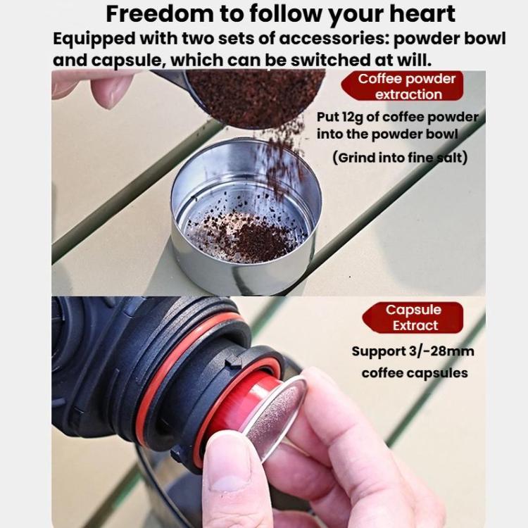 Caffettiera portatile a pressione manuale, ideale per casa e viaggi.