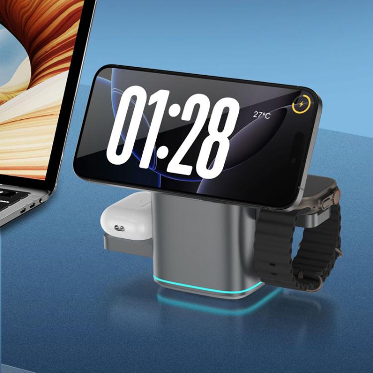Supporto girevole 3 in 1 in metallo con base magnetica per ricarica wireless