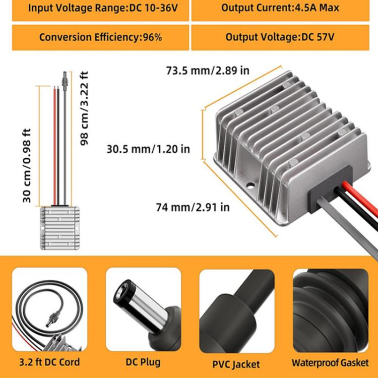 Convertitore di potenza, amplificatore di tensione, 12V / 24V To 57V 4.5A With 1m DC Cable, 12V / 24V To 57V 4.5A With 1m DC Cable Clamp
