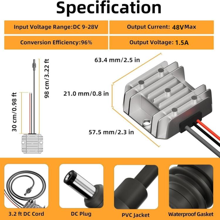 Convertitore di potenza, amplificatore di tensione, 12V / 24V To 48V 1.5A With 1m DC Cable, 12V / 24V To 48V 1.5A With 1m DC Cable Clips
