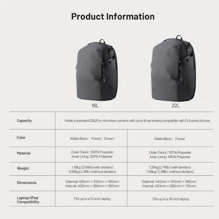 Zaino per fotocamera per laptop/DSLR/Mirrorless e droni: ideale per scatti creativi e per gli spostamenti quotidiani., 16L 14inch, 22L 16inch