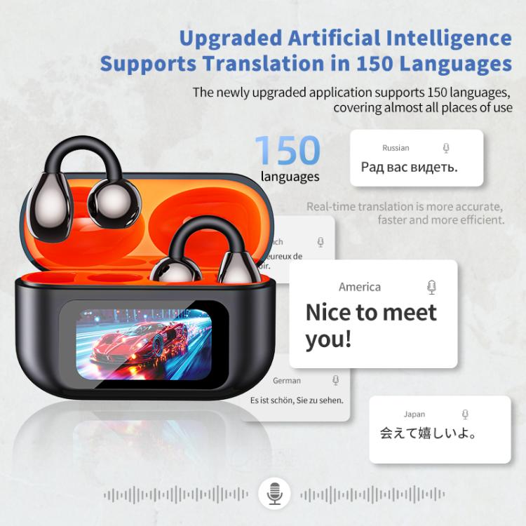 Traduttore intelligente AI in 150 lingue, auricolari Bluetooth con schermo a colori e vano di ricarica.