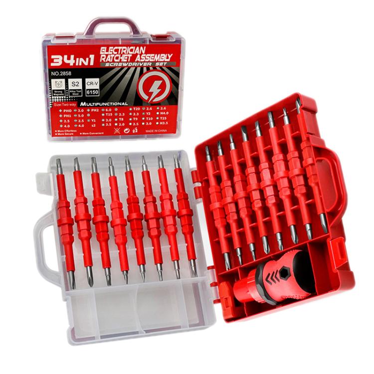 Set di attrezzi per riparazioni 34 in 1 con cacciavite a cricchetto rivestito in gomma., 34 in 1