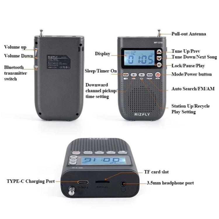RIZFLY MY518 Portable FM/AM 2-Band Bluetooth Transmitter Radio