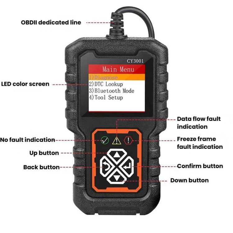 Scanner diagnostico per auto OBD 2 con display a colori per il rilevamento dei guasti., CY3001