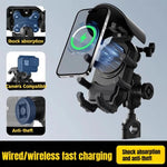 Supporto per telefono da moto con ricarica wireless, parasole e blocco antifurto, rotazione a 360 gradi, compatibile con fotocamera., Handbar Version, Mirror Version