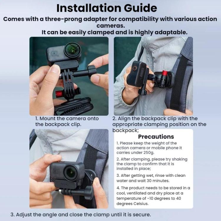 Supporto per fotocamera DJI/GoPro/Insta360 da fissare allo zaino con tracolla., Magnetic, Regular