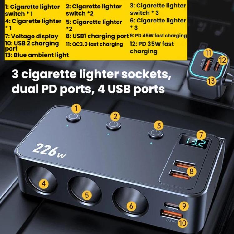 226W 3 in 1 Accendisigari per auto Display digitale Caricabatterie per auto a ricarica rapida PD, C33