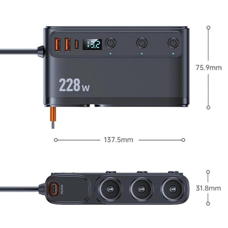 Cavo retrattile per accendisigari da auto da 228 W, caricabatterie da auto 3 in 1 a ricarica rapida con interruttori indipendenti., C35L