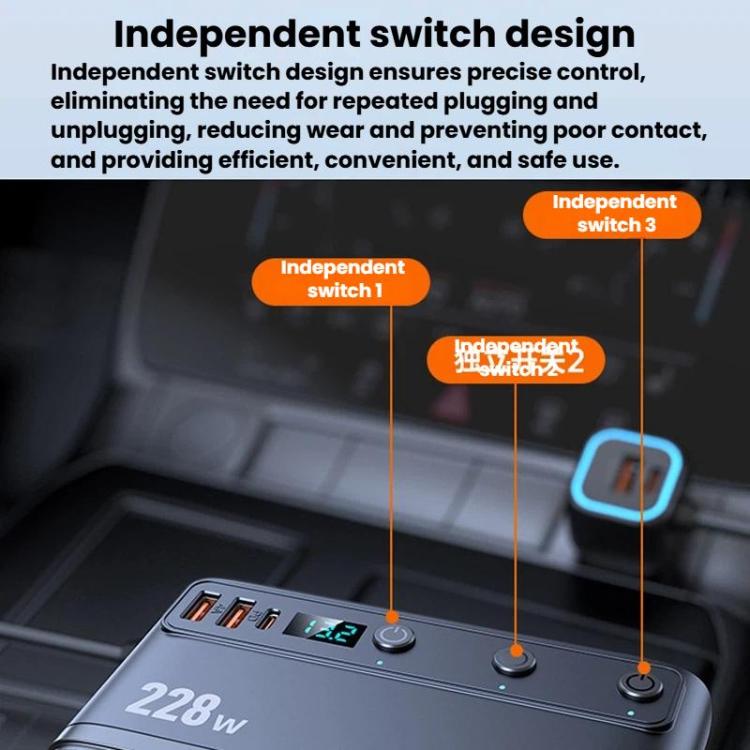 Cavo retrattile per accendisigari da auto da 228 W, caricabatterie da auto 3 in 1 a ricarica rapida con interruttori indipendenti., C35L