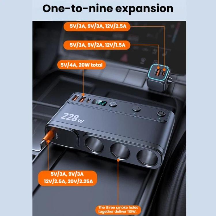 Cavo retrattile per accendisigari da auto da 228 W, caricabatterie da auto 3 in 1 a ricarica rapida con interruttori indipendenti., C35L