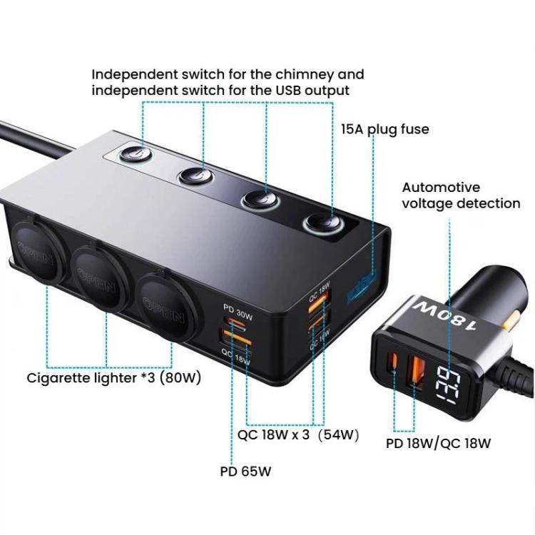 Caricabatterie 3 in 1 per auto con accendisigari, interruttori, display di tensione e porte multiple., TR51