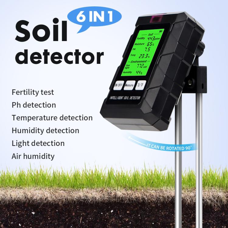 Tester per terreno 6 in 1: rileva fertilità, pH, temperatura, umidità, luce e umidità dell'aria.