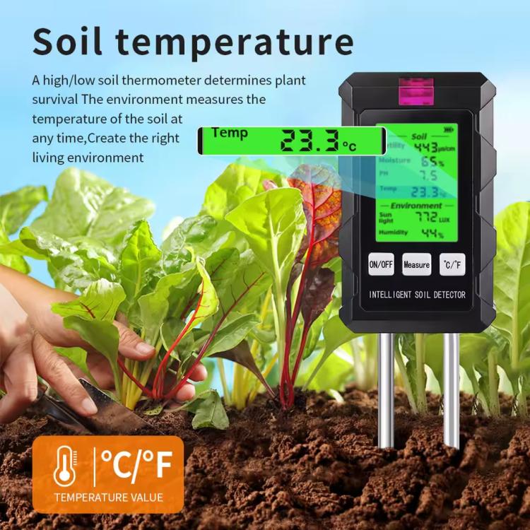 Tester per terreno 6 in 1: rileva fertilità, pH, temperatura, umidità, luce e umidità dell'aria.
