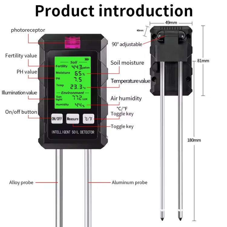 Tester per terreno 6 in 1: rileva fertilità, pH, temperatura, umidità, luce e umidità dell'aria.