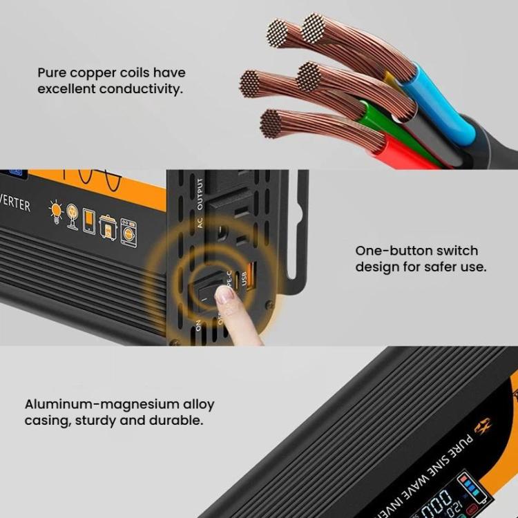 Inverter di potenza a onda sinusoidale pura XUYUAN da 12V/24V a 110V con spina USA, 800W Black, 1400W Black, 2000W Black, 3000W Black, 3600W Black, 4000W Black, 800W Red, 1400W Red, 2000W Red, 3000W Red