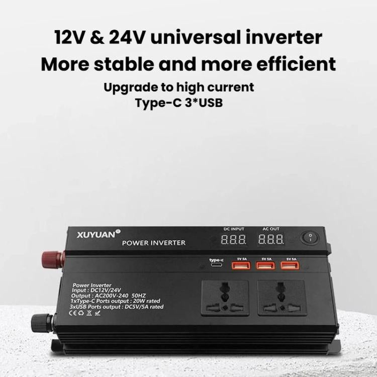 Convertitore di potenza per auto XUYUAN da 12V/24V a 220V con display a LED., 600W, 1200W, 2000W