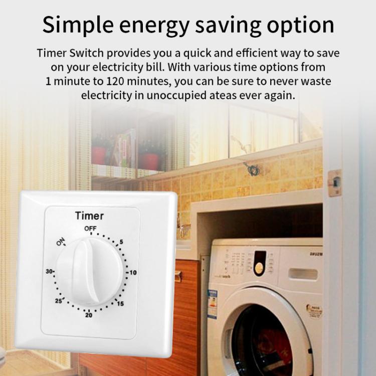 Presa con timer conto alla rovescia da 15 A, indicatore di alimentazione e funzione normalmente aperta., 15min, 30min, 60min, 120min
