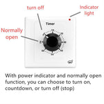 Presa con timer conto alla rovescia da 15 A, indicatore di alimentazione e funzione normalmente aperta., 15min, 30min, 60min, 120min