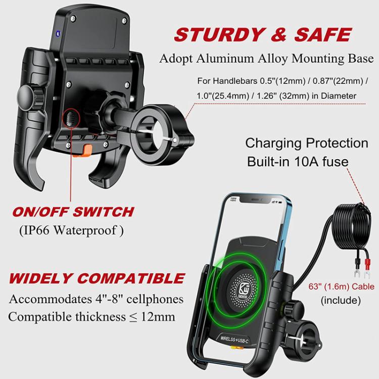 Supporto per telefono da moto Kewig M9-S con ricarica wireless da 15 W, impermeabile IP66.