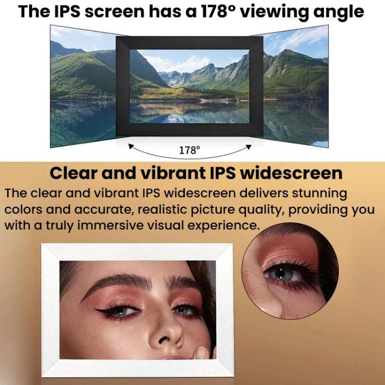 Cornice digitale touch WiFi da 10,1 pollici, orientamento orizzontale/verticale, con funzione di trasferimento foto e display intelligente.