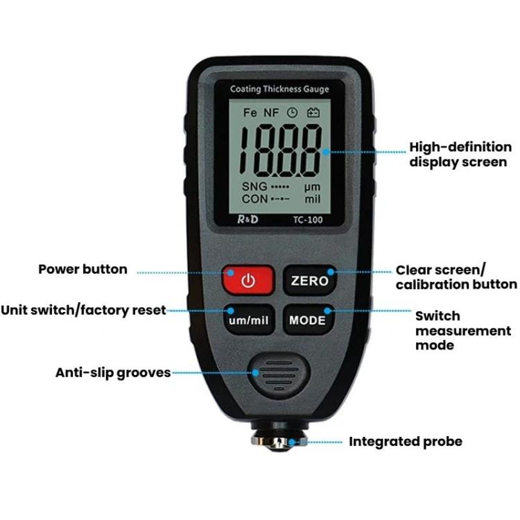 R&D INSTRUMENTS TC-100 Misuratore di spessore del rivestimento ad alta precisione, strumento per la misurazione dello spessore del film di vernice automobilistica, TC-100