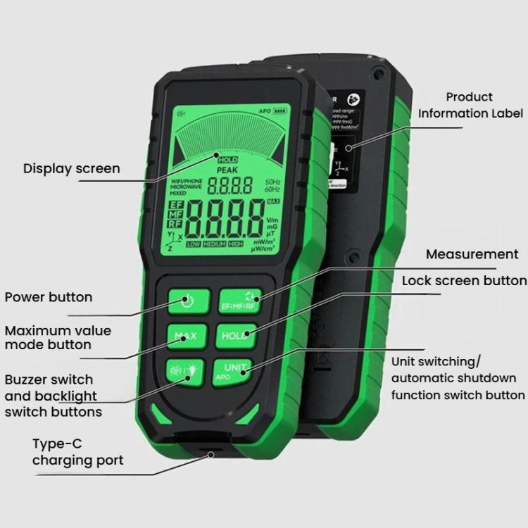 R&D INSTRUMENTS RD637 Tester di radiazioni elettromagnetiche ricaricabile 3 in 1 con display digitale e allarme, display 3 in 1, RD637