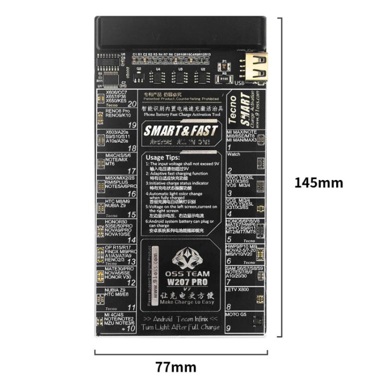 Scheda di rilevamento dell'attivazione della batteria OSS TEAM W207 PRO V7, circuito integrato di ricarica rapida per dispositivi Android, W207 PRO V7