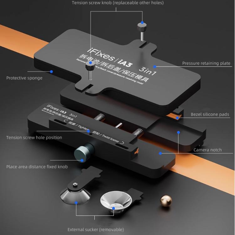 Morsetto universale per la riparazione di telefoni, per la rimozione del coperchio posteriore della batteria, con sistema di fissaggio a pressione., iFixes iA3 3-in-1