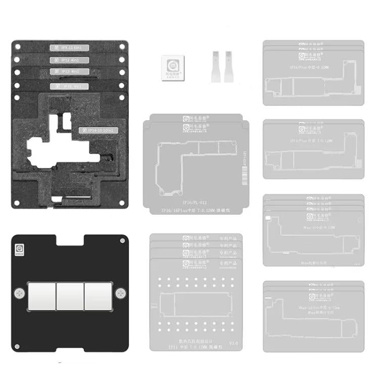 AMAOE X-16 Serie 28-in-1 Set di piattaforme per semina in latta con base magnetica, piastra di posizionamento, strato intermedio, rete di stagno per saldatura.