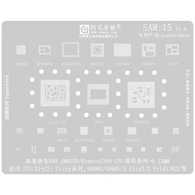 AMAOE Strumento di riparazione per saldatura e reballing BGA Samsung con stencil., SAM15 S21/S21 Ultra, SAM16 A53/A536, SAM17 S22/S22 Ultra, SAM18 A14/A54, SAM19 S23/S24, SAM20 A156U/A156E, SAM21 S25/S25+