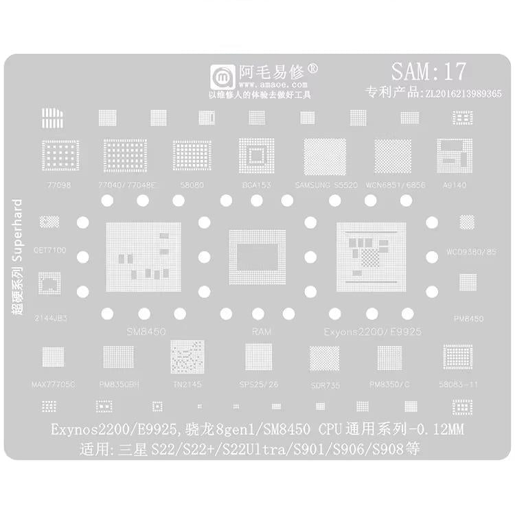 AMAOE Strumento di riparazione per saldatura e reballing BGA Samsung con stencil., SAM15 S21/S21 Ultra, SAM16 A53/A536, SAM17 S22/S22 Ultra, SAM18 A14/A54, SAM19 S23/S24, SAM20 A156U/A156E, SAM21 S25/S25+