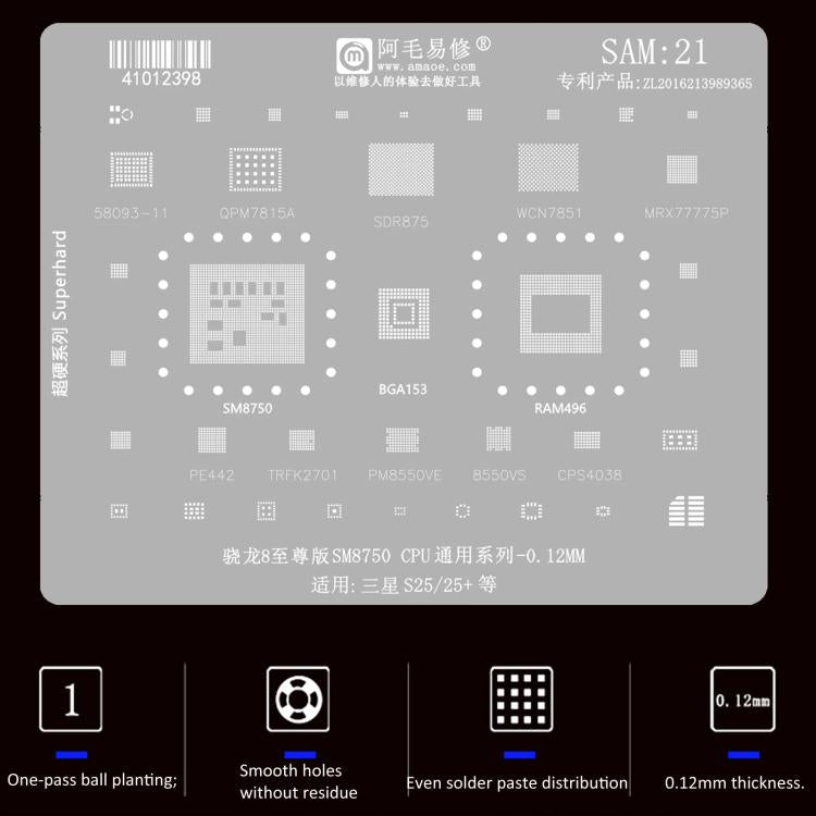 AMAOE Strumento di riparazione per saldatura e reballing BGA Samsung con stencil., SAM15 S21/S21 Ultra, SAM16 A53/A536, SAM17 S22/S22 Ultra, SAM18 A14/A54, SAM19 S23/S24, SAM20 A156U/A156E, SAM21 S25/S25+