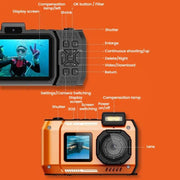 D50 Fotocamera selfie HD a doppio schermo impermeabile IP68, per esterni e immersioni.
