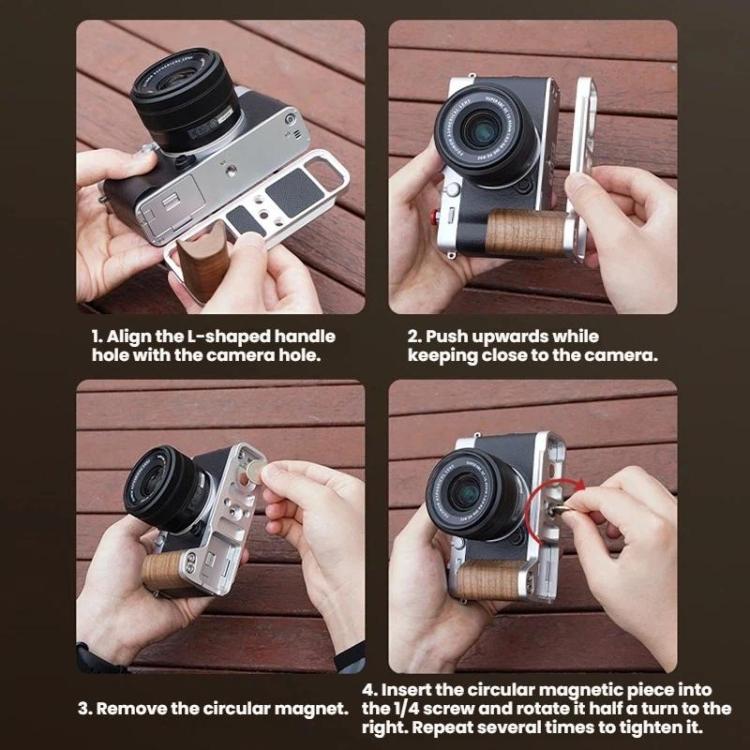 Attacco a slitta a L per fotocamera Fujifilm X-E5 Flymile, per scatti con una sola mano., Black Ebony, Silver Walnut